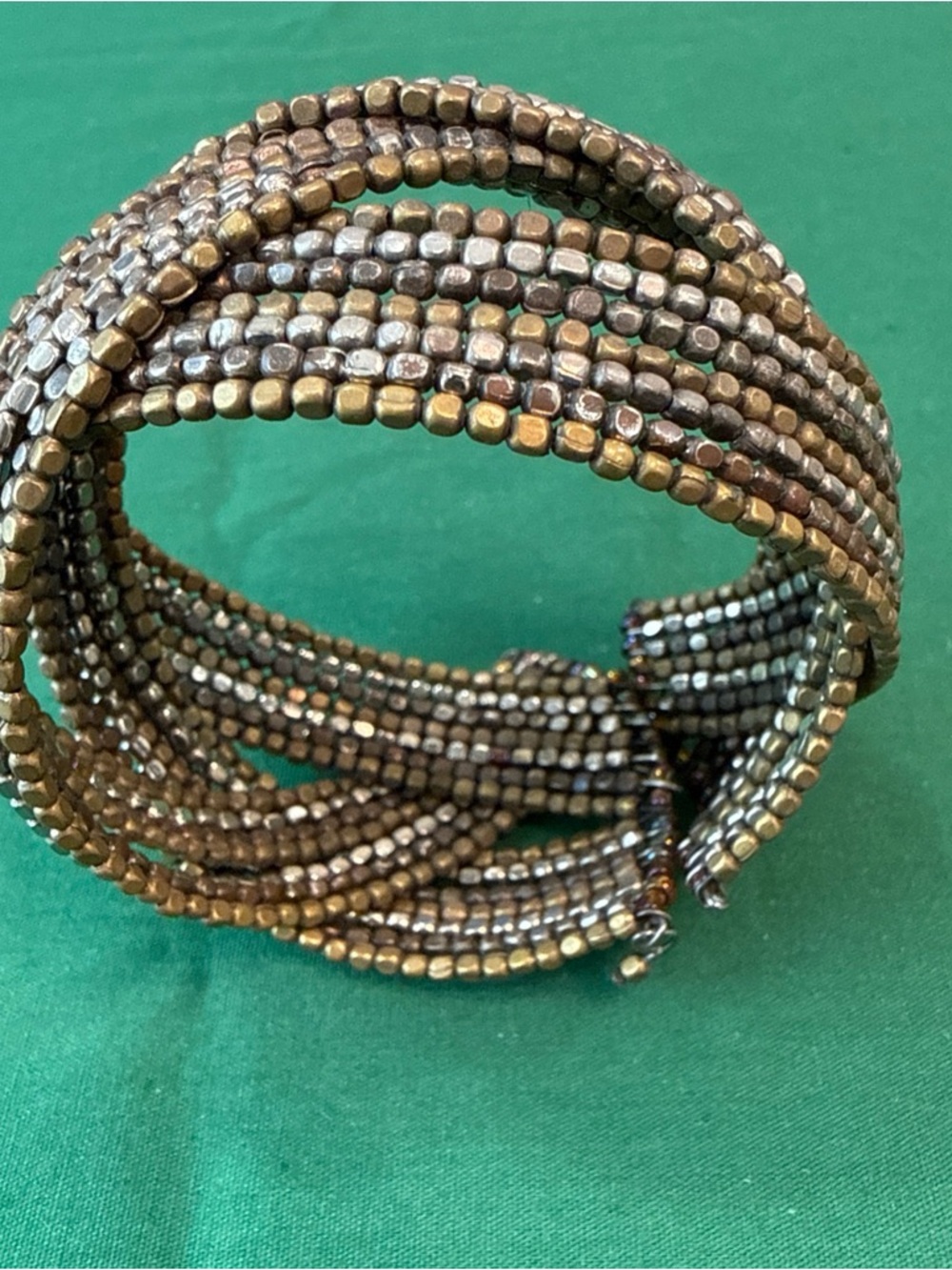 Vintage Wide Bronze Seed Beads Hand Made Wire Wrap Flex Cuff Bracelet